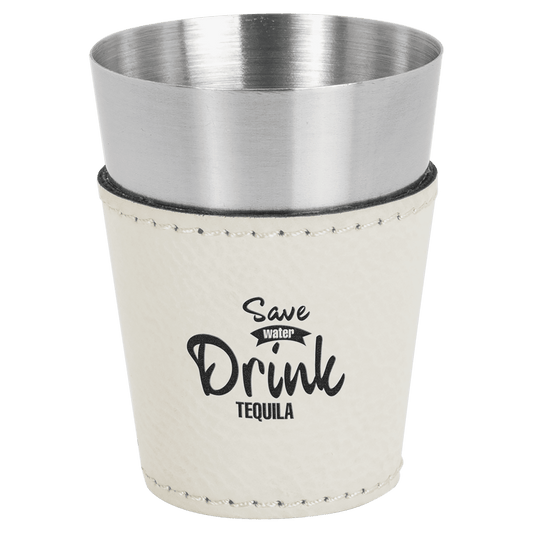 White Leatherette Shot Custom Engraved Glass - Leatherette