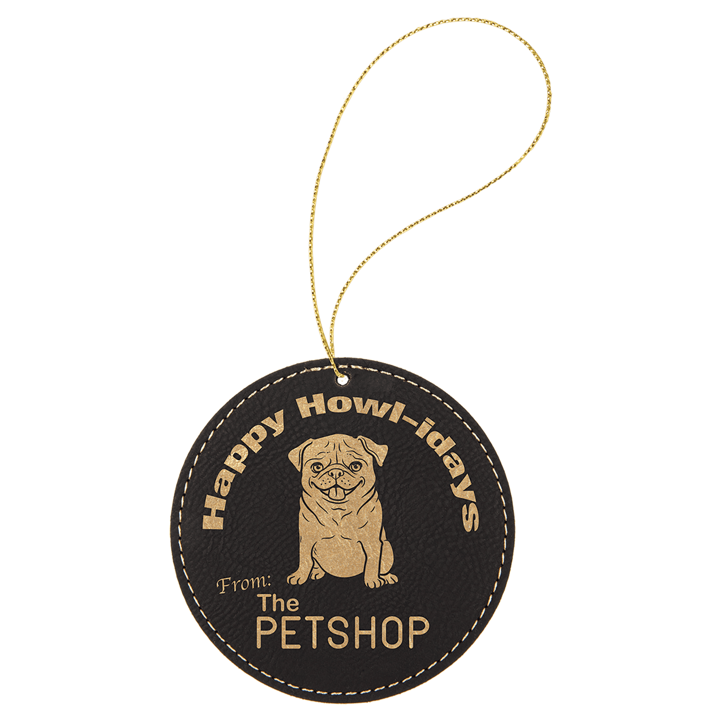 Personalized Black/Gold Leatherette Round Ornament - Leatherette