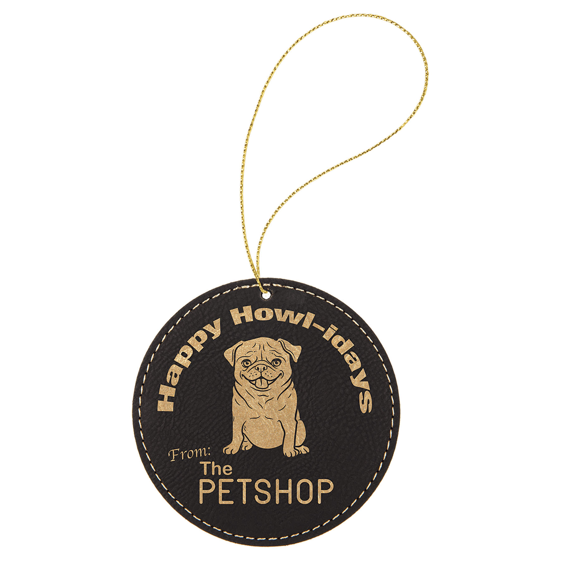 Personalized Black/Gold Leatherette Round Ornament - Leatherette