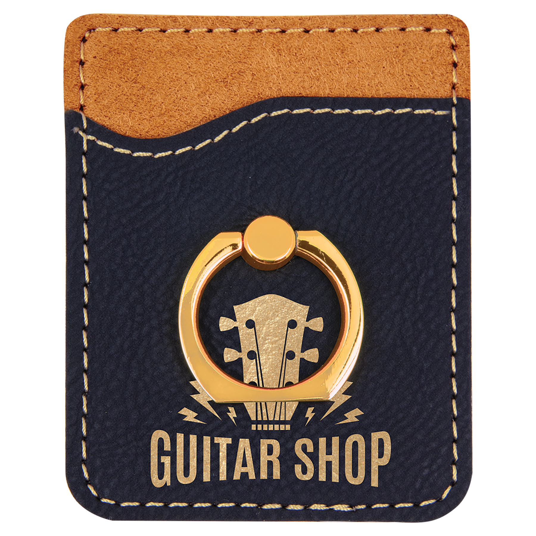 Personalized Black/Gold Leatherette Phone Wallet with Gold Ring - Leatherette