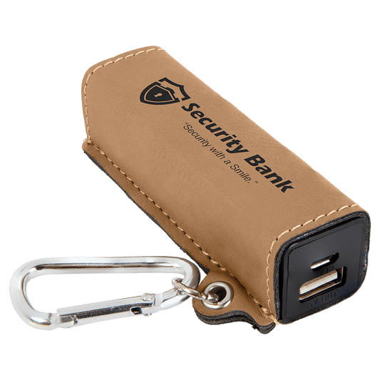 Personalized Light Brown Leatherette Power Bank with Charging Cord and Carabiner - Leatherette