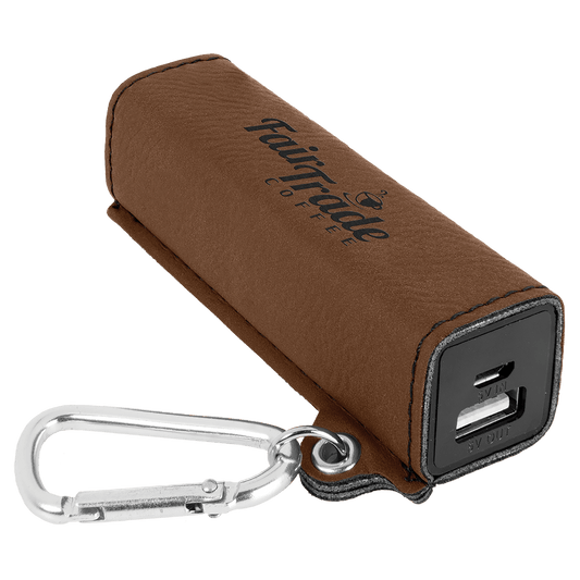 Personalized Dark Brown Leatherette Power Bank with Charging Cord ad Carabiner - Leatherette