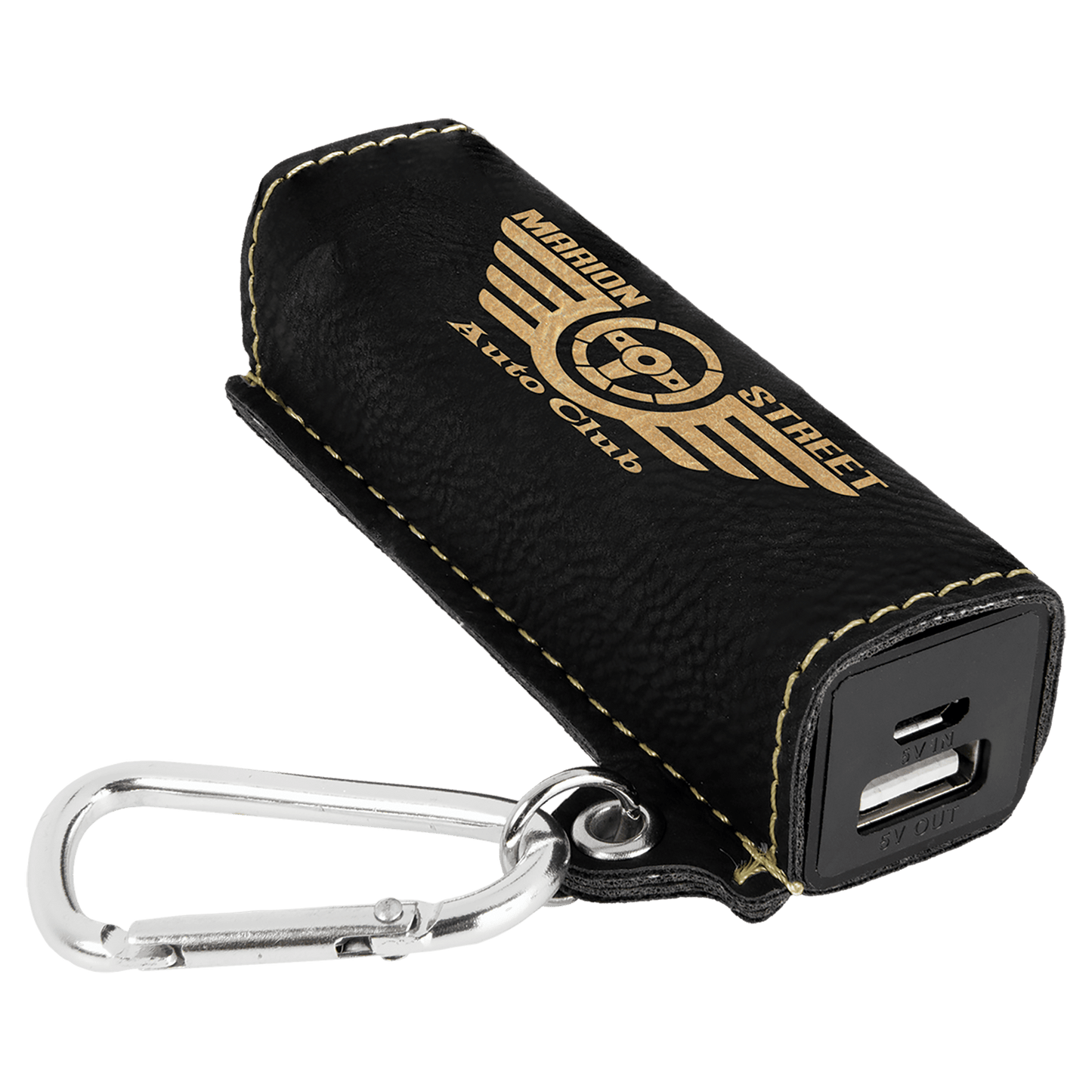 Personalized Black/Gold Leatherette Power Bank with Charging Cord and Carabiner - Leatherette