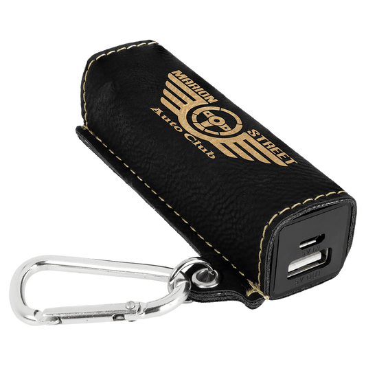 Personalized Black/Gold Leatherette Power Bank with Charging Cord and Carabiner - Leatherette