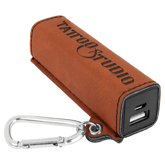 Personalized Rawhide Leatherette Power Bank with Charging Cord and Carabiner - Leatherette