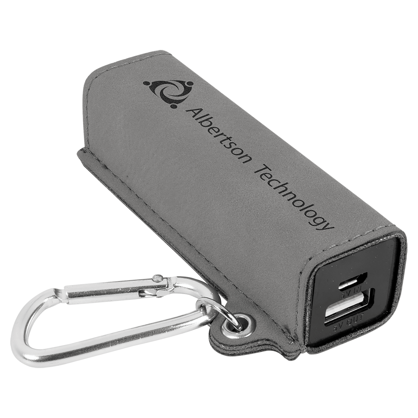 Personalized Gray Leatherette Power Bank with Charging Cord and Carabiner - Leatherette