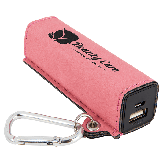 Personalized Pink Leatherette Power Bank with Charging Cord and Carabiner - Leatherette