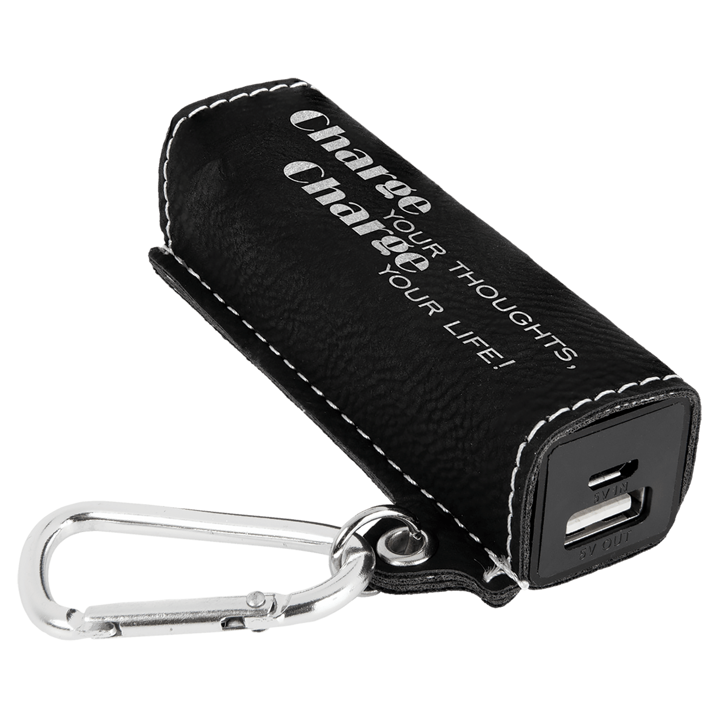 Personalized Black/Silver Leatherette Power Bank with Charging Cord and Carabiner - Leatherette
