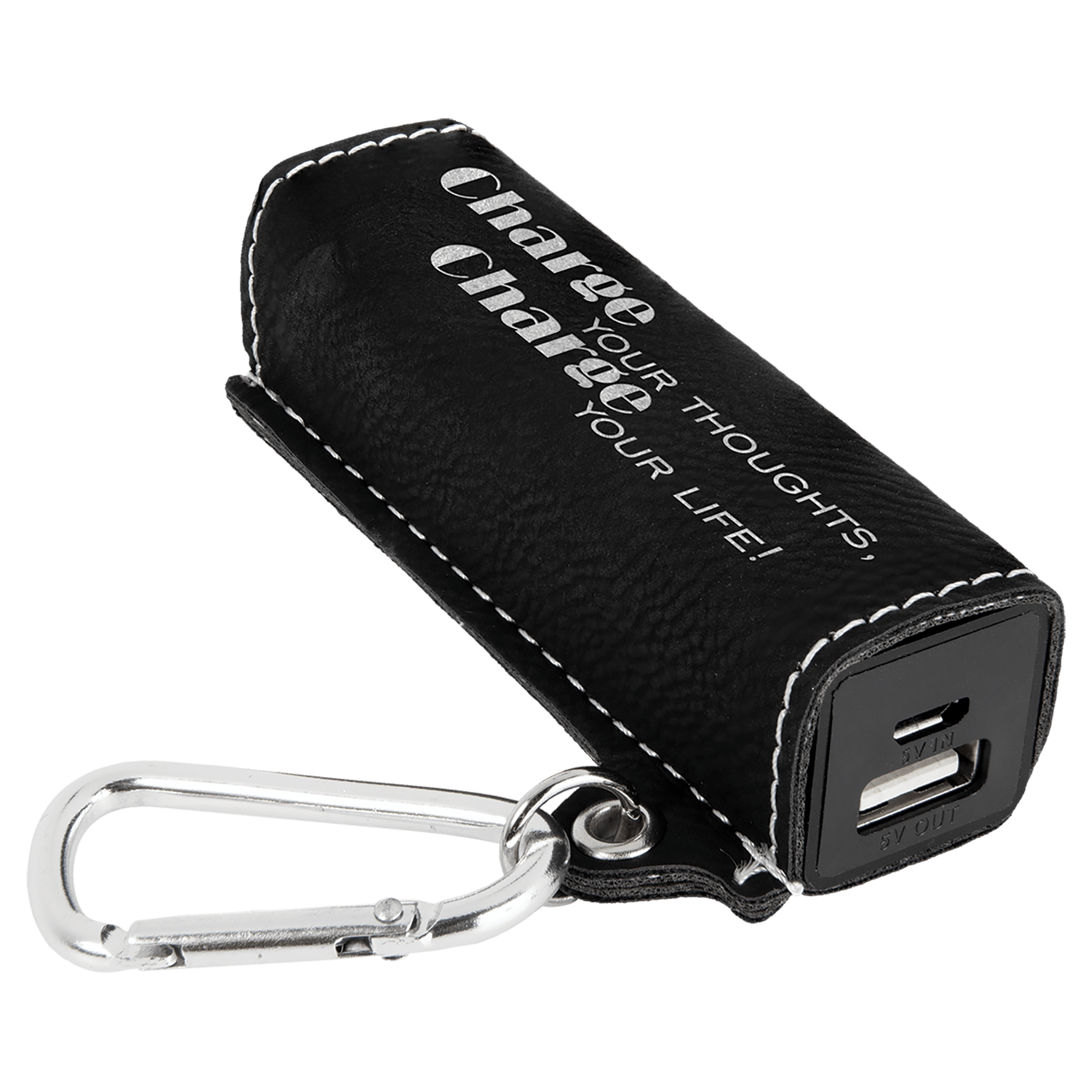 Personalized Black/Silver Leatherette Power Bank with Charging Cord and Carabiner - Leatherette