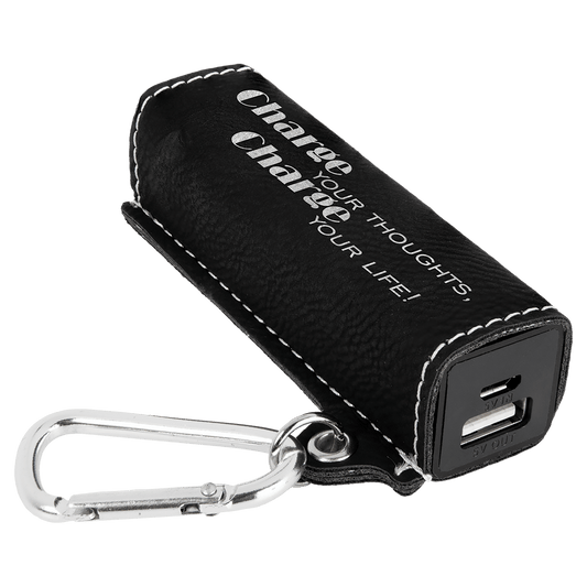 Personalized Black/Silver Leatherette Power Bank with Charging Cord and Carabiner - Leatherette