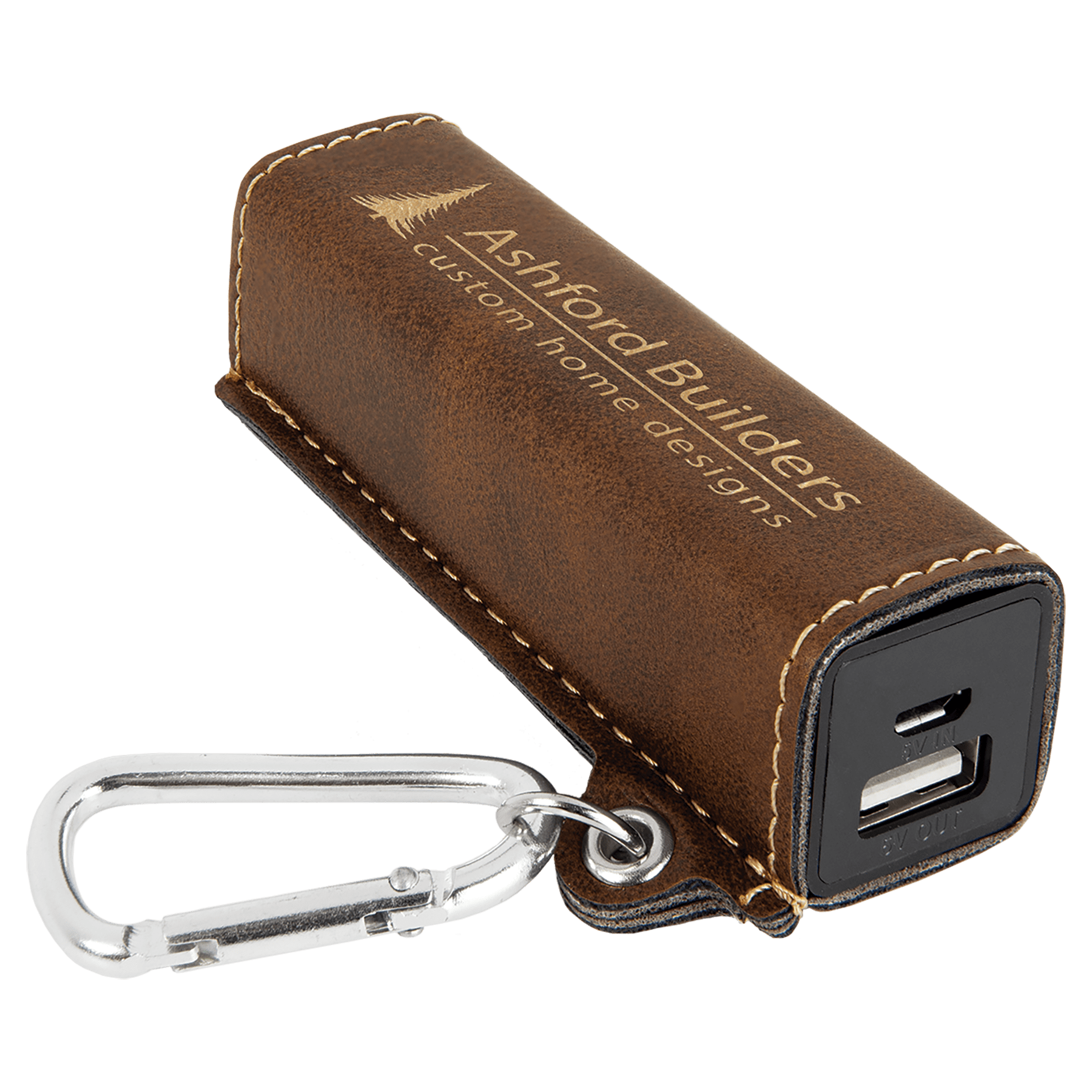 Personalized Rustic/Gold Leatherette Power Bank with Charging Cord and Carabiner - Leatherette