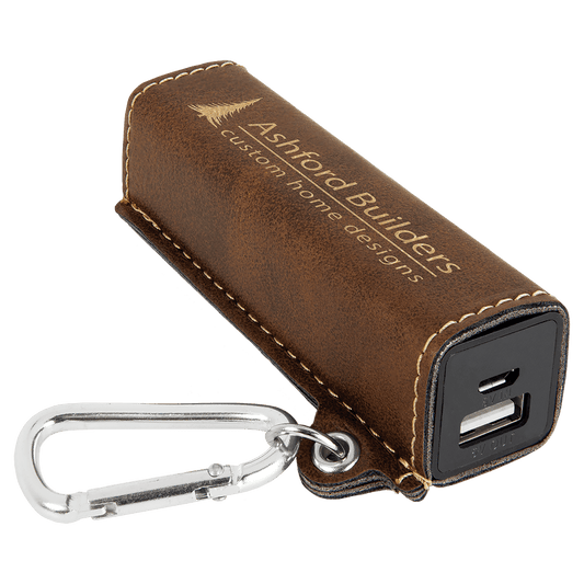 Personalized Rustic/Gold Leatherette Power Bank with Charging Cord and Carabiner - Leatherette