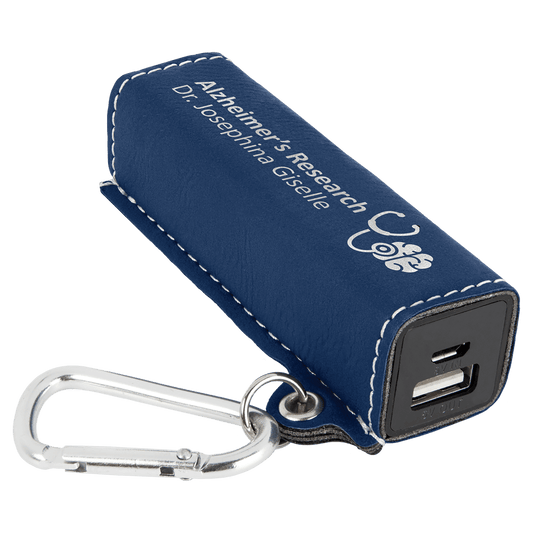 Personalized Blue/Silver Leatherette Power Bank with Charging Cord and Carabiner - Leatherette
