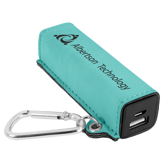 Personalized Teal Leatherette Power Bank with Charging Cord and Carabiner - Leatherette