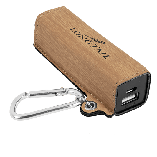 Personalized Bamboo Leatherette Power Bank with Charging Cord and Carabiner - Leatherette