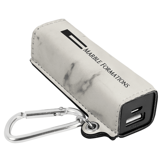 Personalized White Marble Leatherette Power Bank with Charging Cord and Carabiner - Leatherette