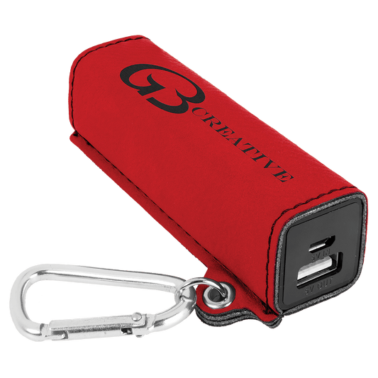 Personalized Red Leatherette Power Bank with Charging Cord and Carabiner - Leatherette