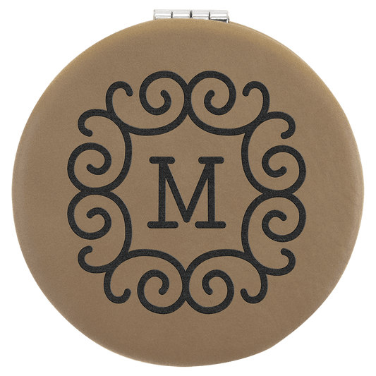 Personalized Light Brown Leatherette Compact Mirror - Leatherette