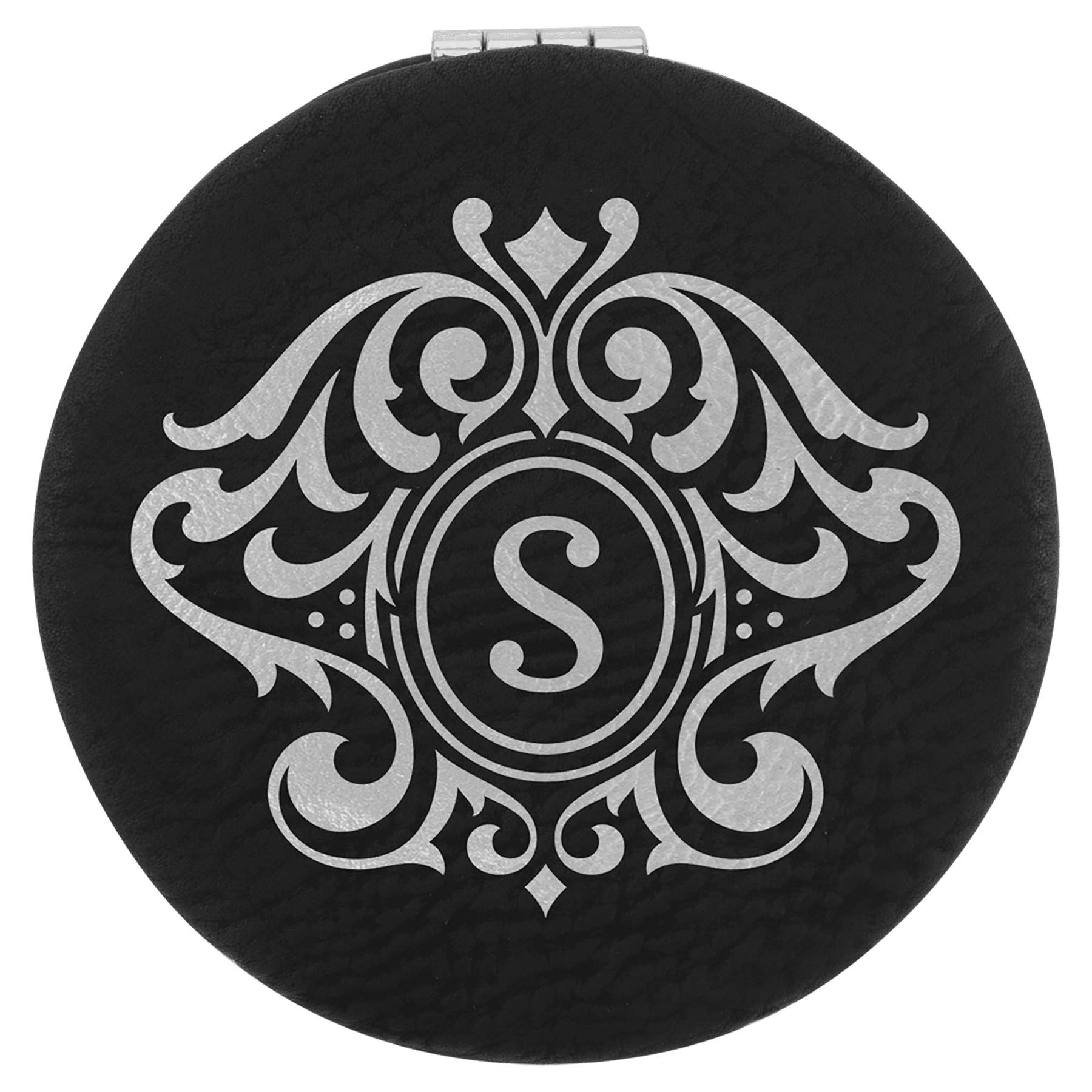 Personalized Black/Silver Leatherette Compact Mirror - Leatherette