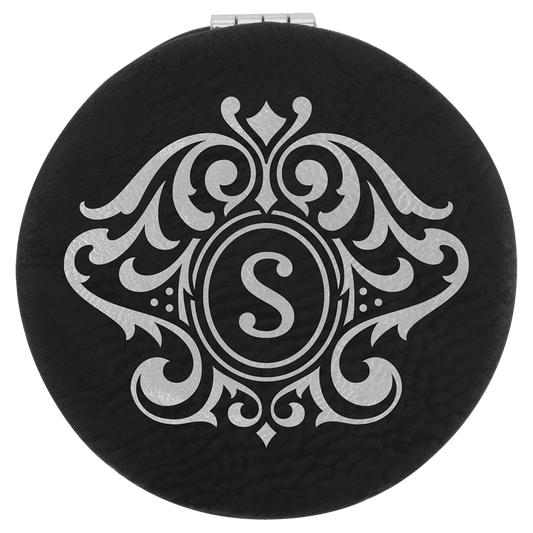 Personalized Black/Silver Leatherette Compact Mirror - Leatherette