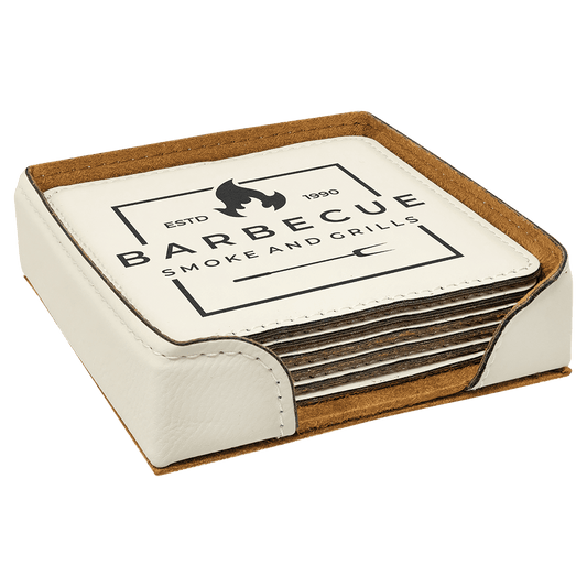 Custom White Square Leatherette 6-Coaster Set - Leatherette