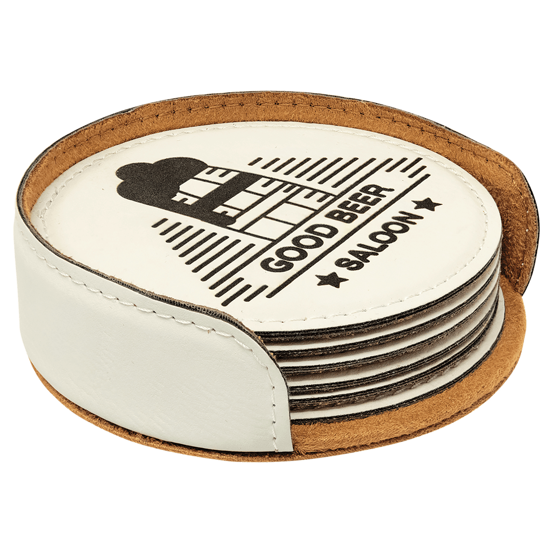 Custom White Round Leatherette 6-Coaster Set - Leatherette