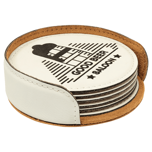 Custom White Round Leatherette 6-Coaster Set - Leatherette