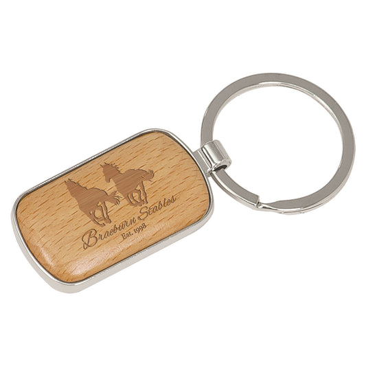 Round Corner Silver/Wood Personalized Keychains - Wood