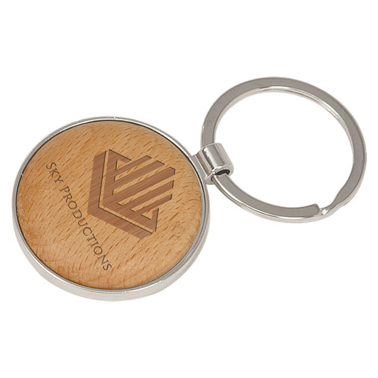 Round Silver/Wood Personalized Keychain - Wood