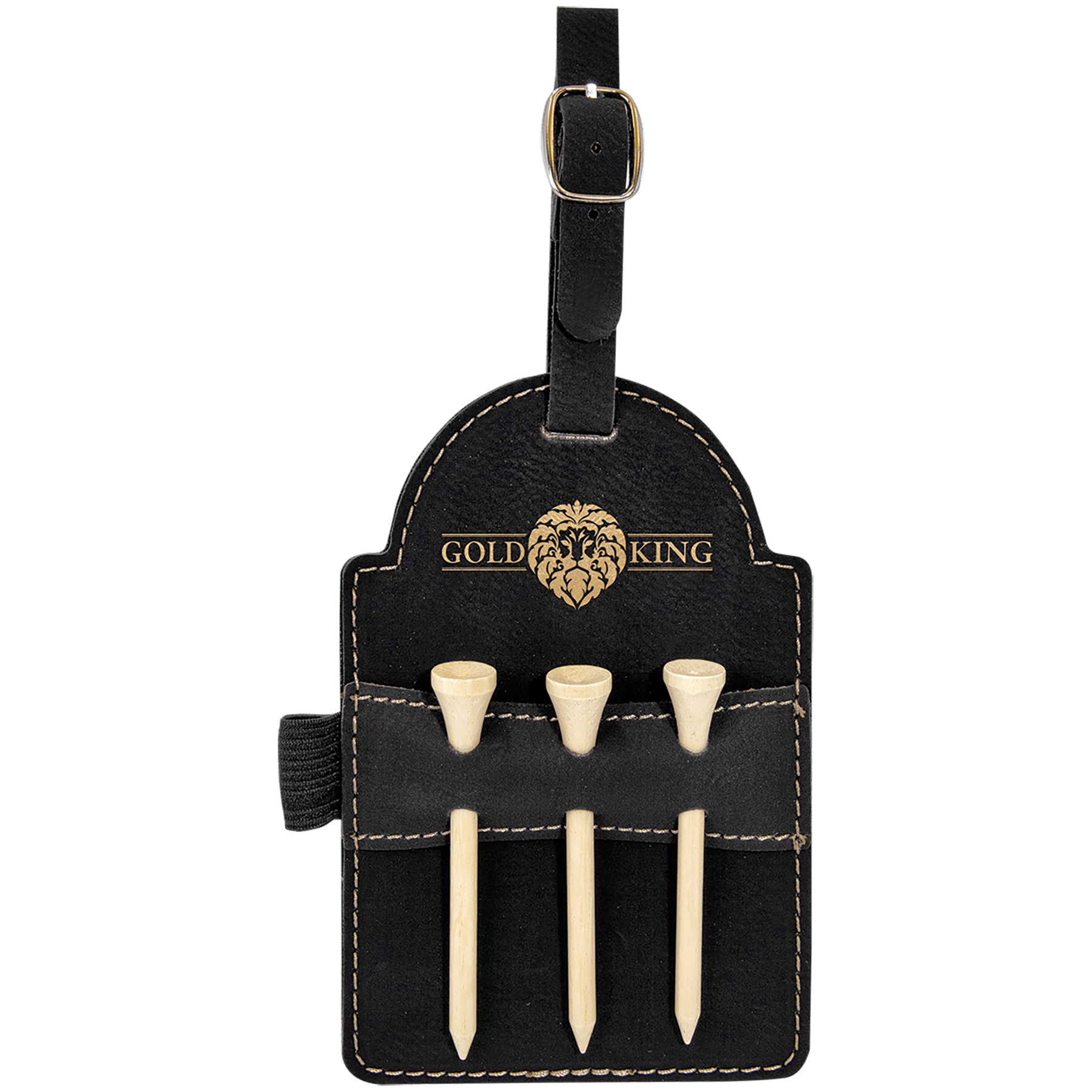 Personalized Black/Gold Leatherette Golf Bag Tag with Wooden Tees - Leatherette