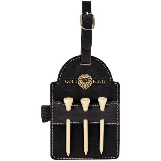 Personalized Black/Gold Leatherette Golf Bag Tag with Wooden Tees - Leatherette
