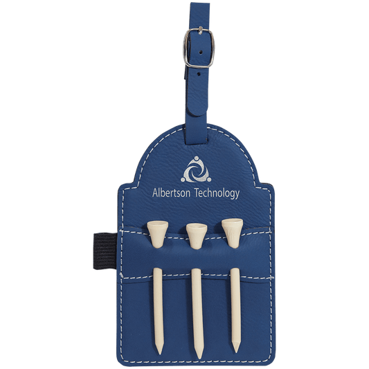 Personalized Blue/Silver Leatherette Golf Bag Tag with Wooden Tees - Leatherette
