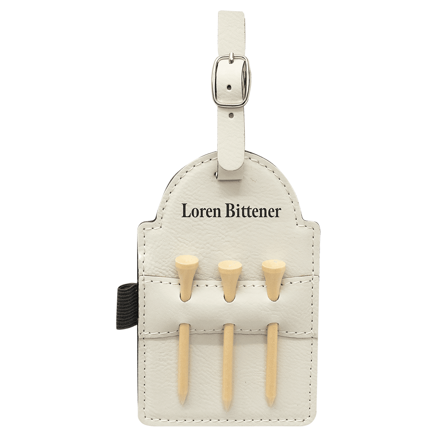 Personalized White Leatherette Golf Bag Tag with Wooden Tees - Leatherette