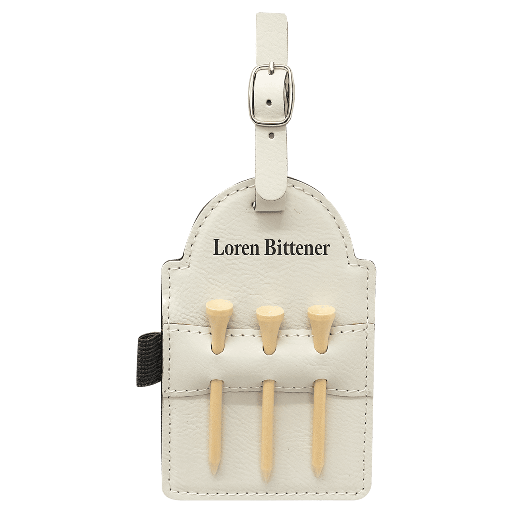 Personalized White Leatherette Golf Bag Tag with Wooden Tees - Leatherette