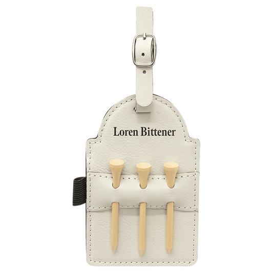 Personalized White Leatherette Golf Bag Tag with Wooden Tees - Leatherette