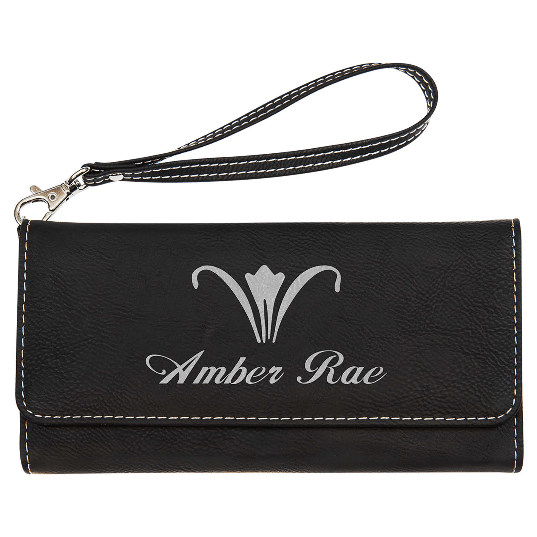 Personalized Black/Silver Leatherette Wallet with Strap - Leatherette