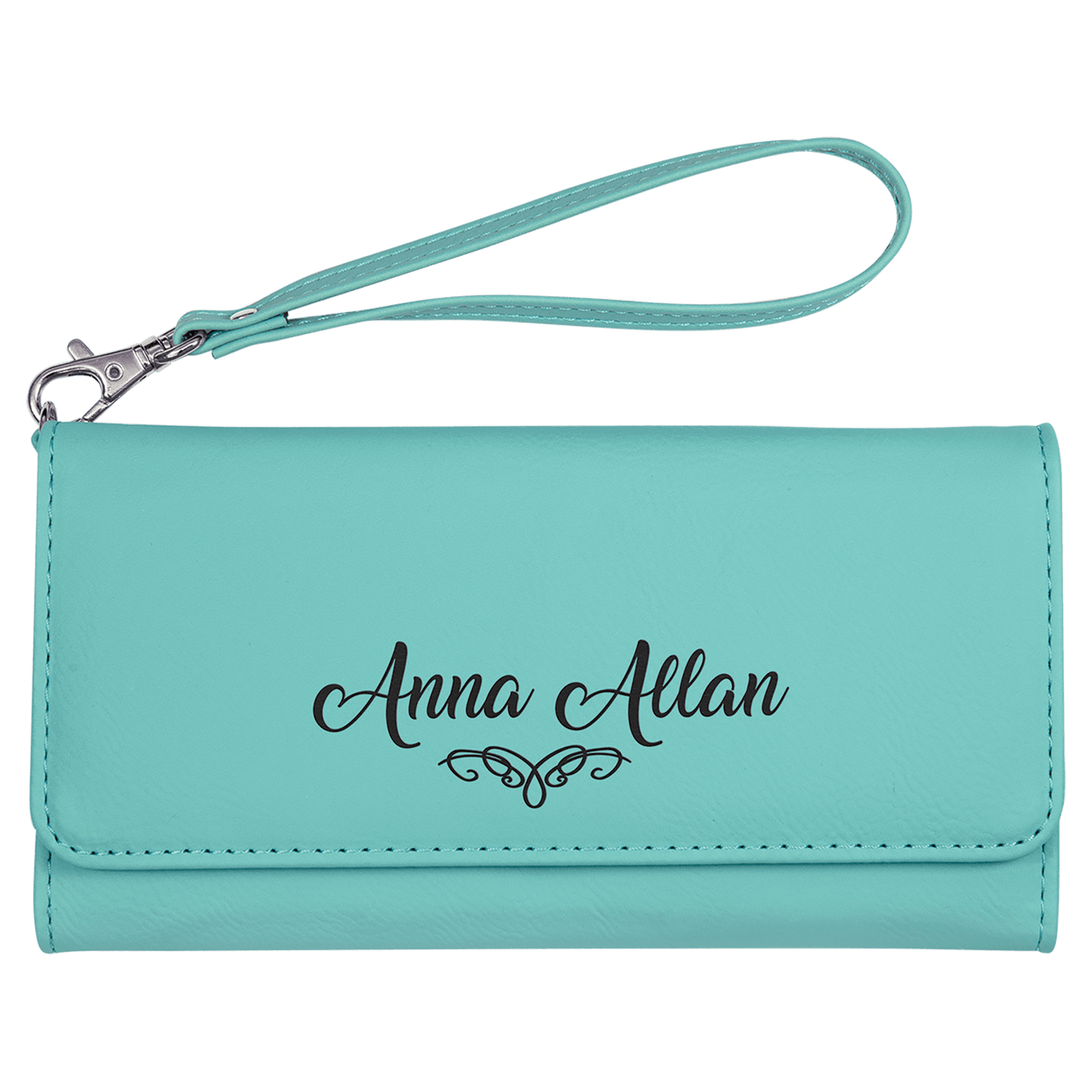 Personalized Teal Leatherette Wallet with Strap - Leatherette
