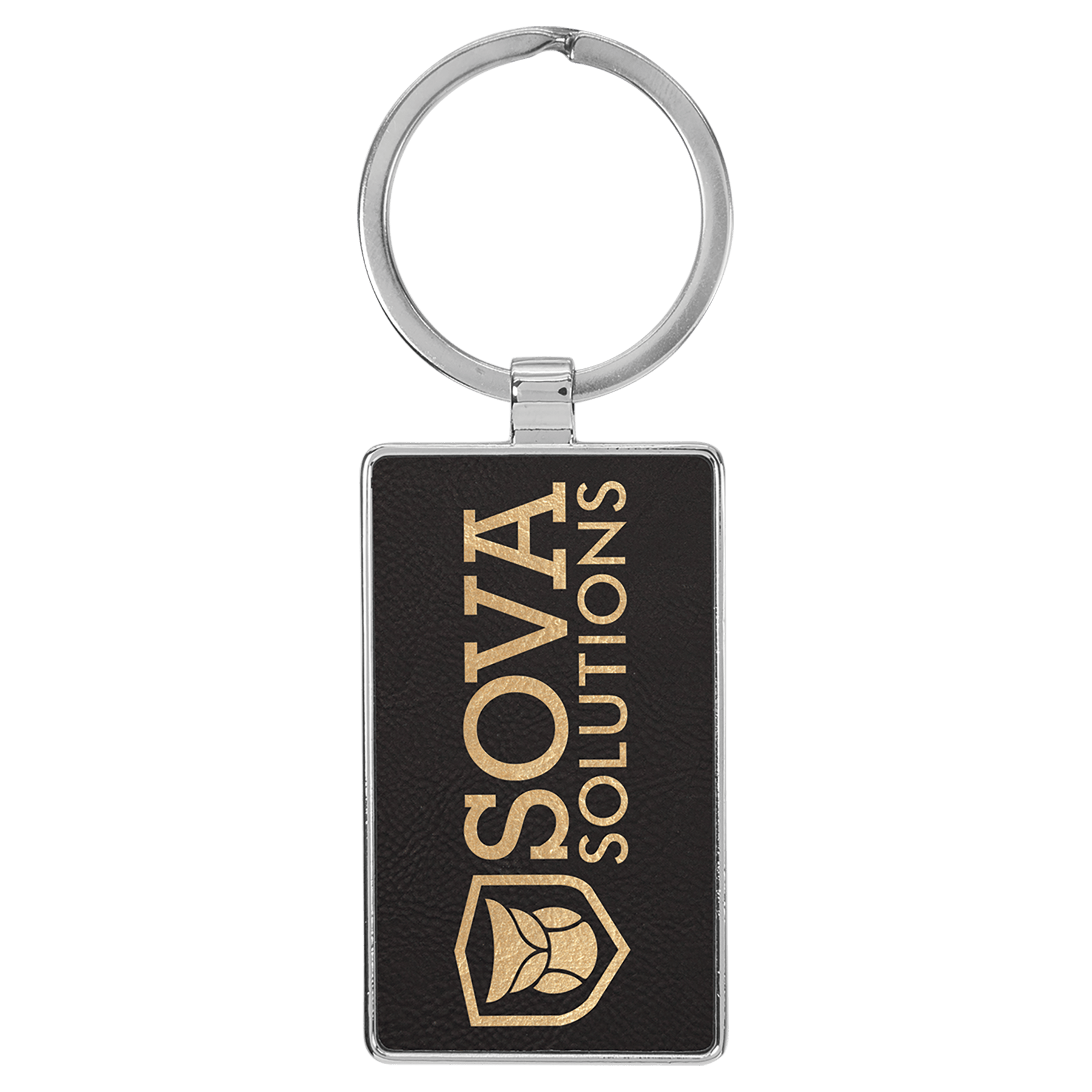 Black/Gold Leatherette Rectangle Keychain with Metal Personalized Photo Frame - Leatherette