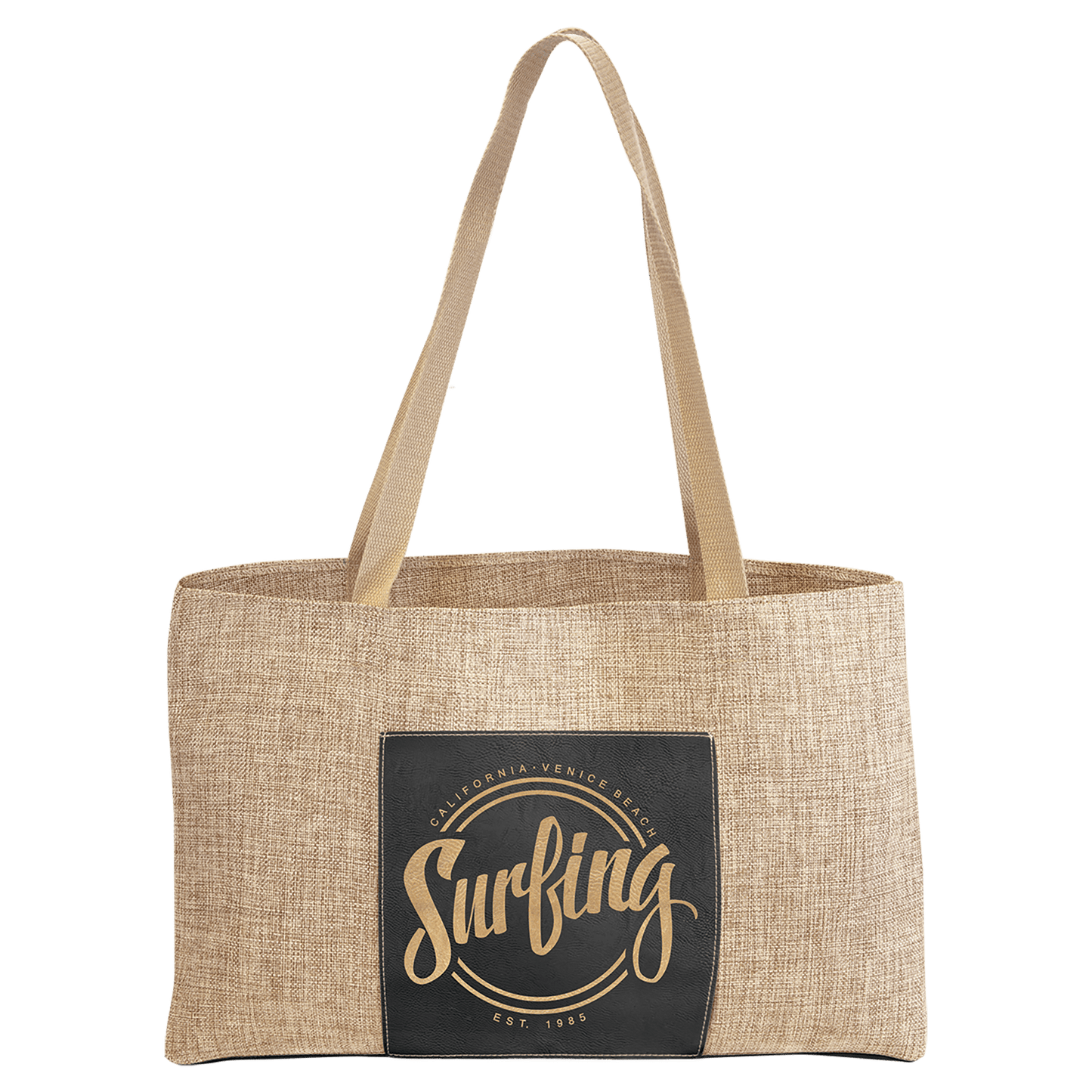 Personalized Black/Gold Leatherette and Burlap Tote Bag