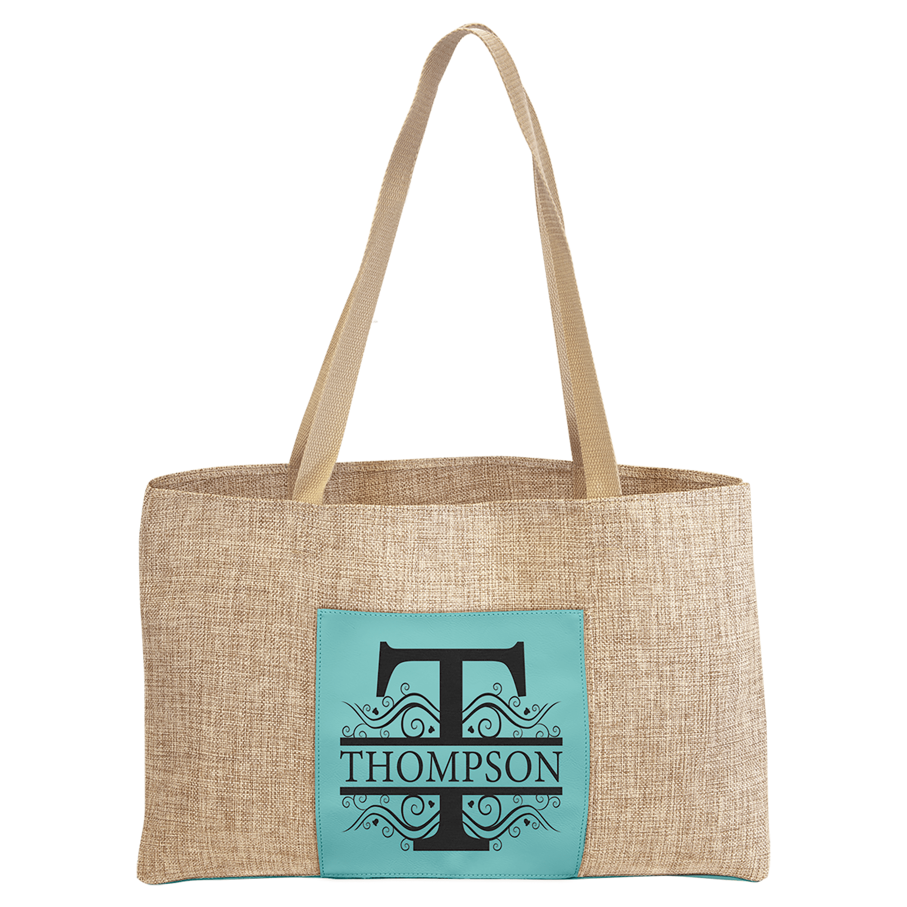 Personalized Teal Leatherette and Burlap Tote Bag