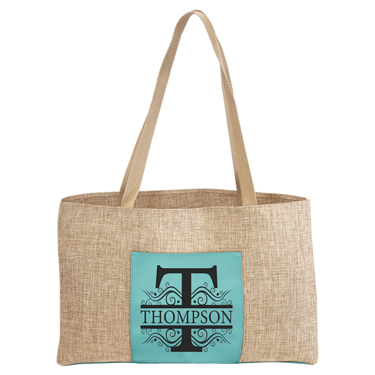 Personalized Teal Leatherette and Burlap Tote Bag