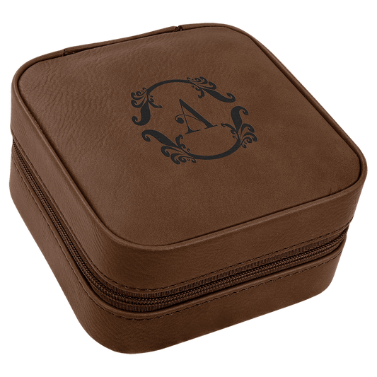 Personalized Dark Brown Leatherette Travel Jewelry Box with Black Lining