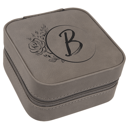 Personalized Gray Leatherette Travel Jewelry Box with Black Lining