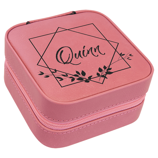 Personalized Pink Leatherette Travel Jewelry Box with Black Lining