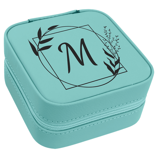 Personalized Teal Leatherette Travel Jewelry Box with Black Lining