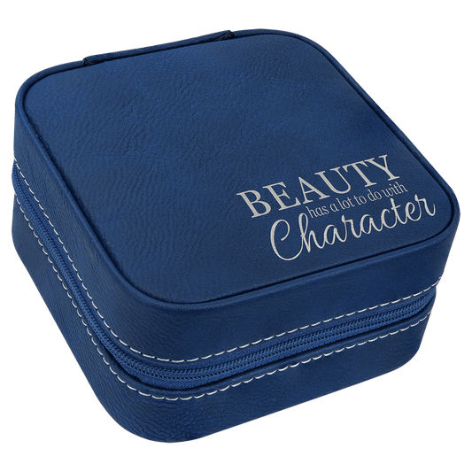 Personalized Blue/Silver Leatherette Travel Jewelry Box with Black Lining