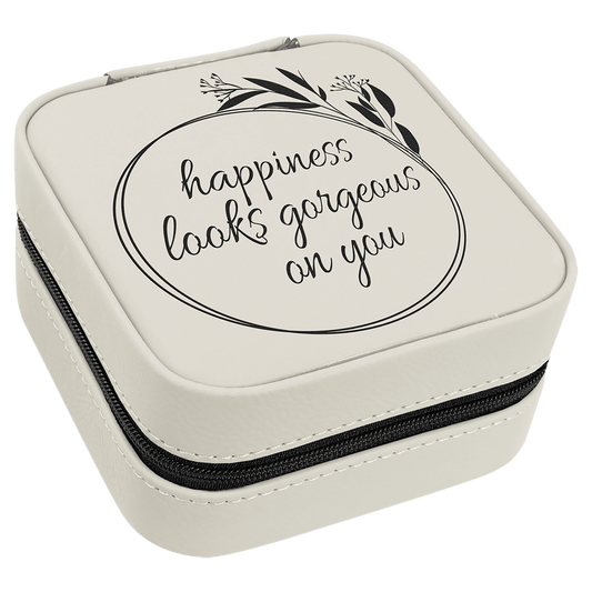 Personalized White Leatherette Travel Jewelry Box with Black Lining