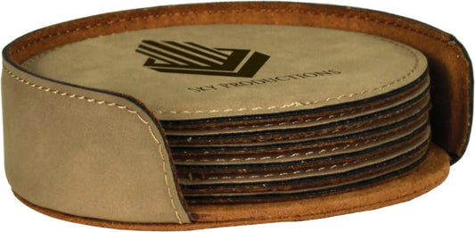 Custom Light Brown Round Leatherette 6-Coaster Set - Leatherette