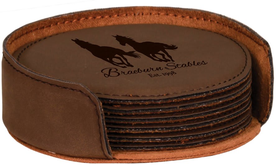 Custom Dark Brown Round Leatherette 6-Coaster Set - Leatherette
