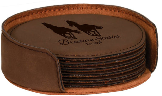 Custom Dark Brown Round Leatherette 6-Coaster Set - Leatherette